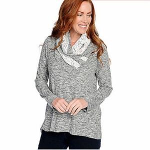 One World Lace Wrap Cowl Neck Top Gray&White New Condition Medium